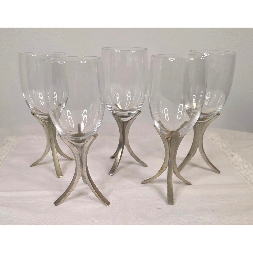 Set of 5 Fostoria Glass Wine Goblets with Sculptural Silver Metal Tripod Bases